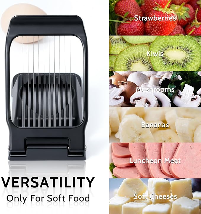 Egg Slicer for Hard Boiled Eggs & Strawberry Soft Foods, Heavy Duty, Black | Stainless Steel Wires, Not Bend & Rust, All Metal, Fast & Uniform Slice, Multipurpose, Time-Saving for Cooking, Meal Prep