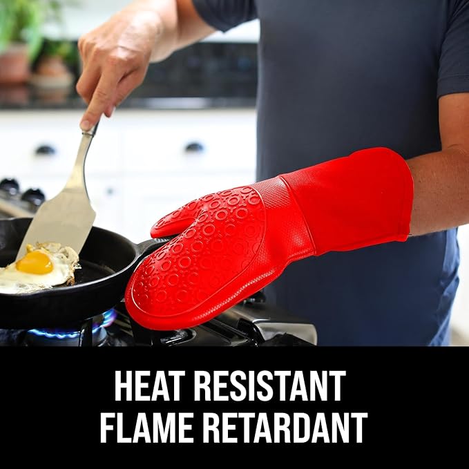 BPA-Free Silicone Oven Mitts Ultra Heat Resistant up to 500°F - Oven Mitts with Thick Cotton Liner - Long Slip Resistant Pot Holders, Flexible Oven Gloves - Canyon Red 13.7
