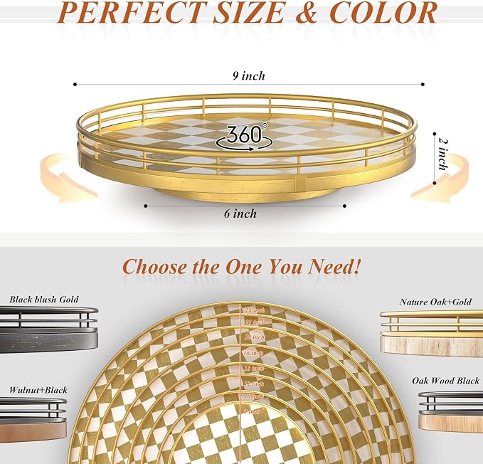 9-Inch Gold Lazy Susan Spice Organizer with Guard Rail | Smooth rotating oak tray with walnut finish for dining tables, kitchen counters, pantries and cabinet storage.
