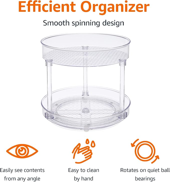 Amazon Basics Lazy Susan Turntable Organizer for Spices and Condiments, 9" Diameter, 2 Tier, Clear