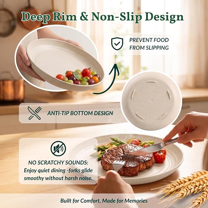 Plastic Dinner Plates, Wheat Straw Plates 11 Inch, Lightweight Unbreakable Plates Set of 8, Microwave Safe Plates, Deep Plates for Dinner - Beige