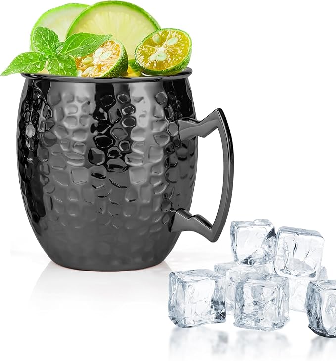 Amrules 16oz Moscow Mule Mugs Hammered with Angled Handle, Black | 304 Stainless Steel Lining, Delicate Hammered Finish, Firm Handle, for Cold Drinks, Cocktails, Wine, Beer, Bars & Parties