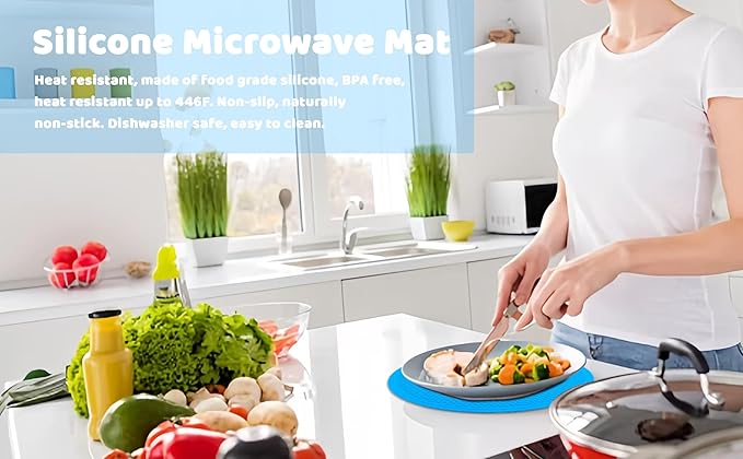 8 10 12 Inch Microwave mat, Trivet, Multi-Purpose Hot Pad,Pot Holder,Baking,Drying, Silicone mats for Microwave,Dishwasher Safe - Splatter Guard, Set of 3,Grey,Blue