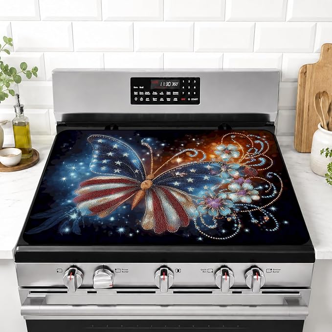 Flag Butterfly Stove Top Cover 28.35x20.47 in Non Slip Mat | Heat Resistant Cooktop Protector Mat with Non-Slip Backing, Scratch Protection and Countertop Drying Mat.