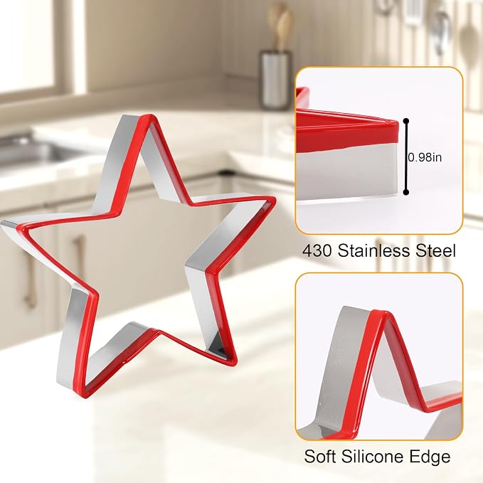 Star Cookie Cutters 3PCS, Stainless Steel Christmas Star Cookie Cutter Tools with Red Environmental PVC, Star Shape Moulds Set for Baking