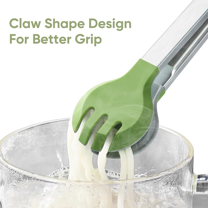 12 Inch Cooking Tongs, Stainless Steel Kitchen Tongs with Silicone Tips | 2-in-1 Design with 0.5oz Measure Spoon | for Cooking, Grilling, BBQ, Salad, Buffet, Serving | 12", Green