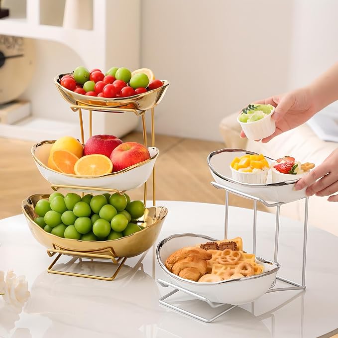 Gold Silver Fruit Bowl with Metal Stand, 3 Tier Ceramic White Fruit Bowl Fruit Rack for Kitchen Counter, Tiered Fruit Basket for Snacks Bread Candy Storage (White A (Smooth Surface))