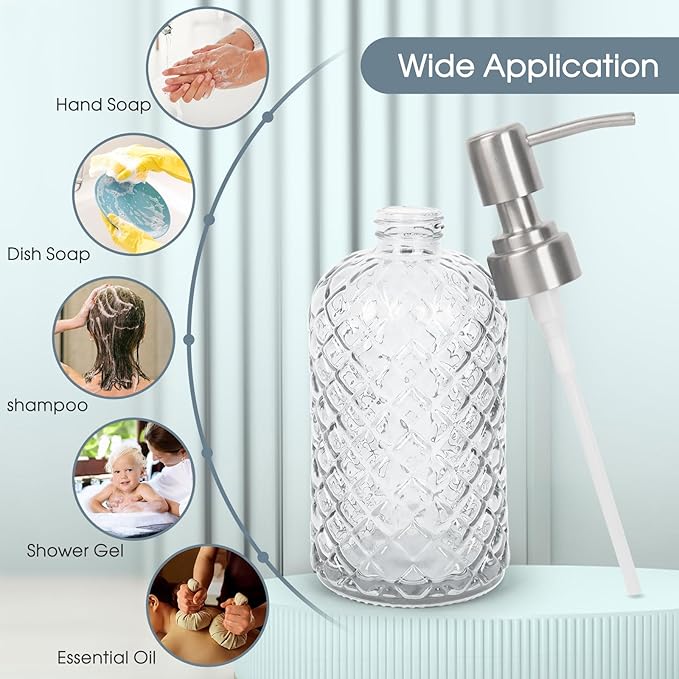 Gem-Patterned Glass Soap Dispenser with Rust Proof Stainless Steel Pump-13 oz Liquid Hand Soap Dispenser for Kitchen & Bathroom,Great for Lotions, Essential Oil, Liquid Soaps-Clear