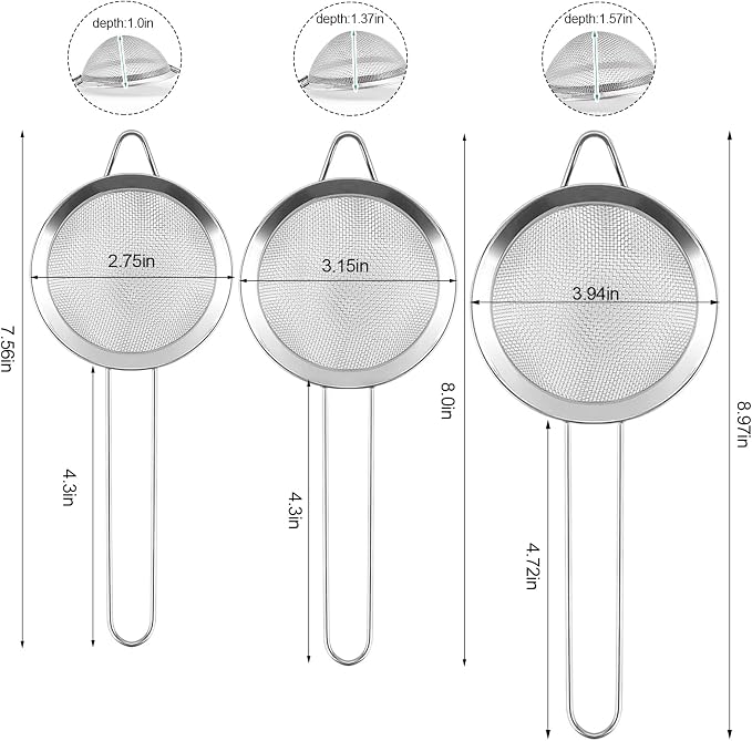 3 Pack Fine Mesh Strainer, Small Stainless Steel Sieves with Handles, for Steeping Loose Leaf Tea, Straining Cocktail, Juice and Sifting Flour, Powdered Sugar