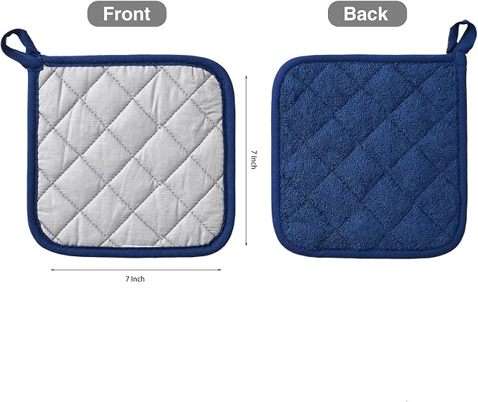 Kitchen Pot Holders Set Heat Resistant Pure Cotton Potholders Kit Trivets Large Coasters Hot Pads Terry Pot Holders for Everyday Cooking and Baking by 7 x 7 Inch Set of 4 Dark Blue