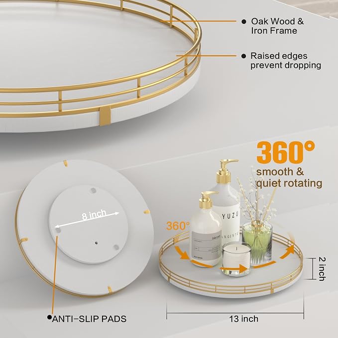Oroyutor 13-Inch White and Gold Wooden Lazy Susan Spice Organizer | Rotating oak tray organizes spices, toiletries and decor on kitchen counters, bathroom vanities, dining and coffee tables.