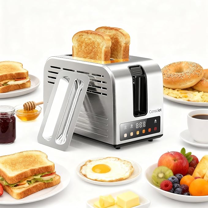 Consciot Smart Touch Screen 2 Slice Toasters with 6 Browning Levels, Timer | Reheat/Defrost/Cancel, Extra-Wide Slots, Removable Crumb Tray, Auto Pop-up & Anti Jam, Peak 925W, Full Stainless Steel Body