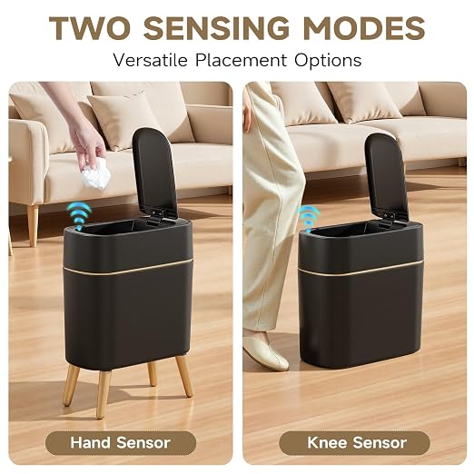 Black and Gold Sensor Trash Can Bathroom,Smart Plastic Wastebasket | Waterproof,Narrow,Motion Sensor, Convenient and Hygienic Easy to Use，2.6 gallon Small Garbage Can for Office,Bedroom,Kitchen
