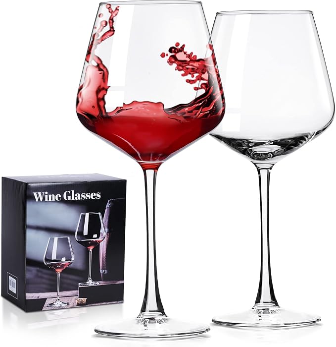 PARACITY Wine Glasses Set of 2, 16 fl oz, Long Stem, Wide Bowl, Hand Blown | Hand-blown clear glass with a wide bowl for red or white wine, supporting easy swirling at dinners, parties and gatherings
