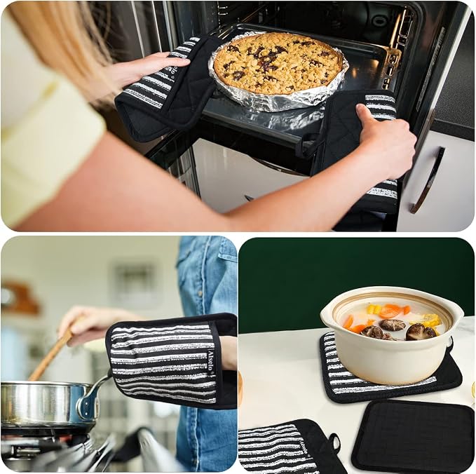 Alselo Silicone Pot Holders Set of 3 Heat Resistant & Non Slip Potholders | Professional Oven Hot Pads with Pockets Mitts for Kitchen Cooking Baking Barbecue (Black, 3)