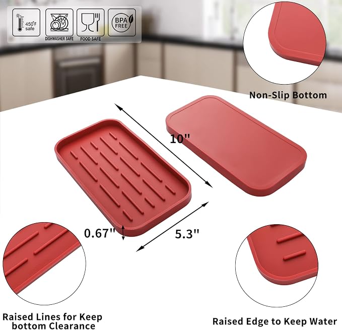 MicoYang Silicone Kitchen Sink Organizer Tray for Multiple Usage,Eco-Friendly Sponges Holder for Kitchen Bathroom Counter or Sink,Dish Soap Dispenser,Scrubber,Bottle,Cup (Red, 10"×5.3")