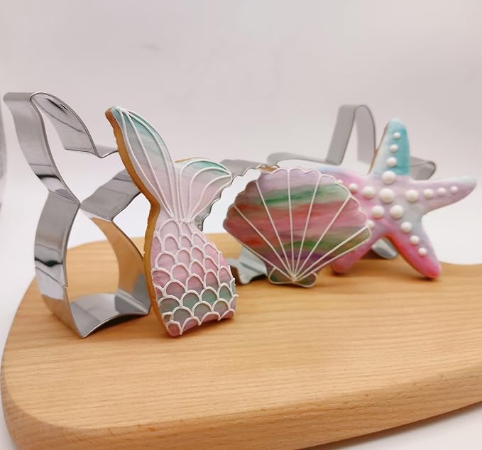 6 PCS Mermaid Cookie Cutters, Mermaid Tail,Starfish,Seashell, Shark, Crab Shapes Summer Themed Biscuits Molds Stainless Steel Metal Cutter for Kids Birthday Party Holidays