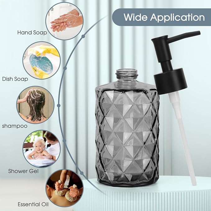 Topsky Glass Soap Dispenser with Plastic Pump, 330ml Liquid Hand Soap Dispenser, Rustproof Pump for Kitchen & Bathroom, Great for Lotions, Essential Oil, Liquid Soaps Clear Black