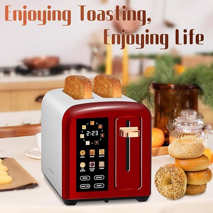 SEEDEEM 2-Slice Touchscreen Toaster, Stainless, 7 Shade, 1350W, Red