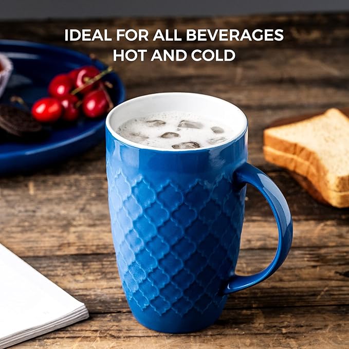 AmorArc 20 oz Large Coffee Mugs Set of 6, Blue Ceramic Tall Coffee Cups | 3 Assorted Designs, Embossed Ceramic Coffee Mugs with Large Handle for Coffee/Tea/Cappuccino, Dishwasher&Microwave Safe