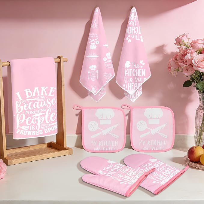 8 Pcs Pink Kitchen Decor Set 4 Pink Kitchen Dish Towels 2 Oven Mitt 2 Pot Holders for Kitchens Cooking Baking Spring Decoration Farmhouse Housewarming Accessories