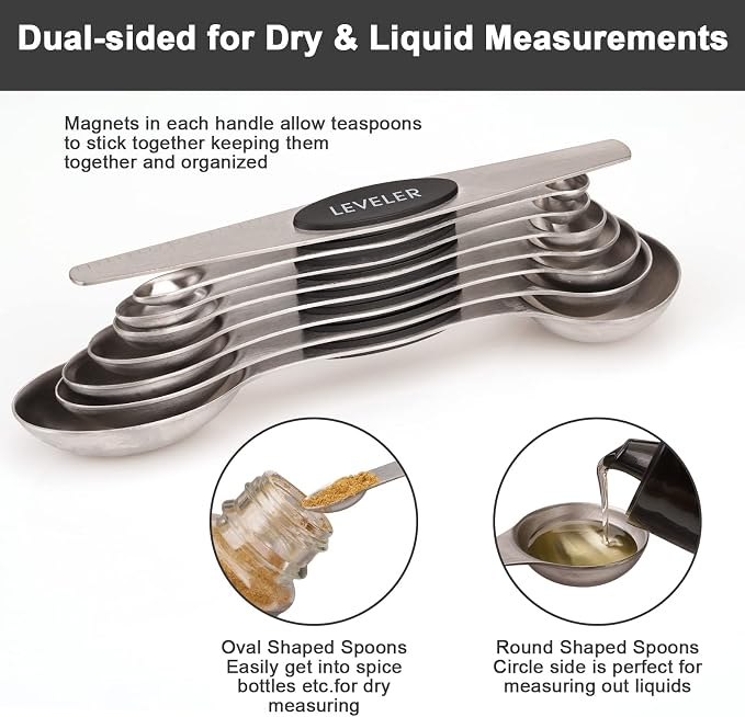 Aovchei 8 PCS Black Magnetic Measuring Spoons Set | Dual Sided, Stainless Steel Small Tablespoon, Teaspoons, Fits in Spice Jars, for Dry and Liquid