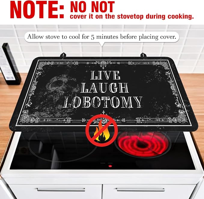 Goth Stove Top Cover for Electric Stoves,Black Skull Witchy Live Laugh Lobotomy Gothic Glass Stove Top Cover,Heat Resistant Cooktop Protector Mat,Non-Slip Washable Dish Drying Mat 28"x20"