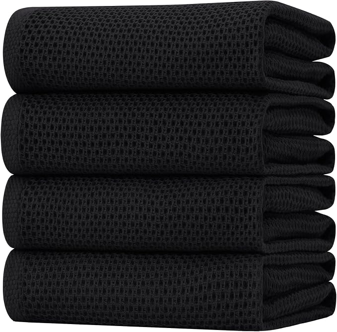Homaxy 100% Cotton Oversized Waffle Weave Kitchen Towels 4-Pack, Black | 20 x 28 Inches, Ultra Soft Absorbent Dish Towels, Quick Drying Large Cleaning Towels