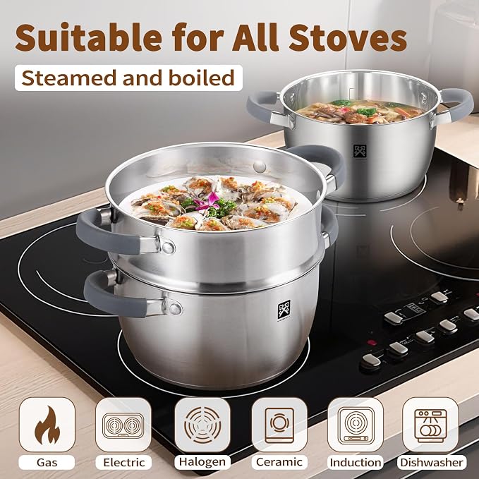 GOLDEN KEY 3.2 QT Steamer Pot With Lid - 2-Tier 18/8 Stainless Steel，Multipurpose Steaming Cookware with Vegetable Steam Basket, Oven & Dishwasher Safe, Triple Bottom for Even Heating, Perfect for Dumplings, Seafood and Vegetables