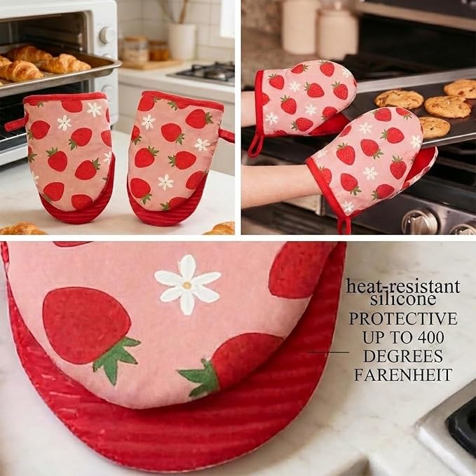 Mini Oven Mitts Set,2-Pack Strawberry Decor Cute Oven Mitt,Cute Kitchen Gloves Kitchen Accessories Gadgets,Cotton Oven Mits,Heat Resistant Non-Slip Silicone Grip,Baking Supplies,5.5"x8"