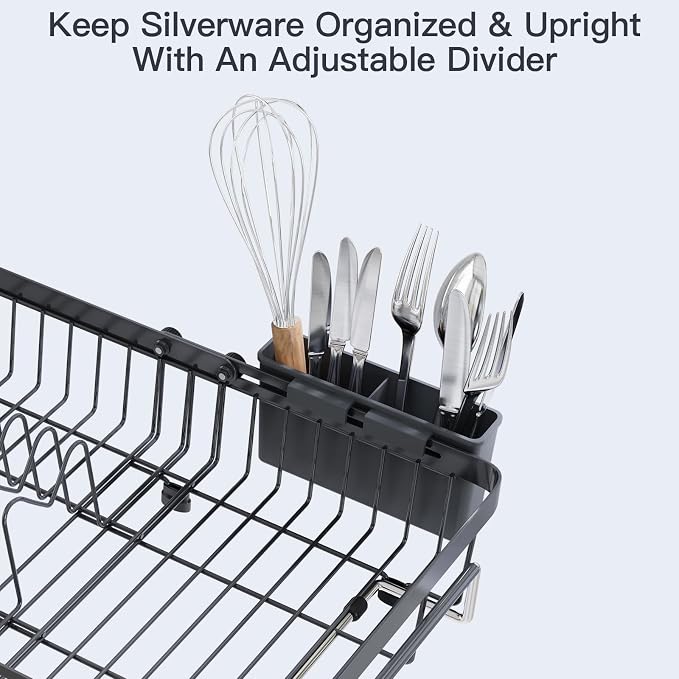 Grey Dish Drying Rack Over The Sink with Utensil Holder | Expandable Stainless Steel Dish Drainer for Small Kitchen, Apartment, RV, Counter Space Saving, Perfect Fit, Rustproof