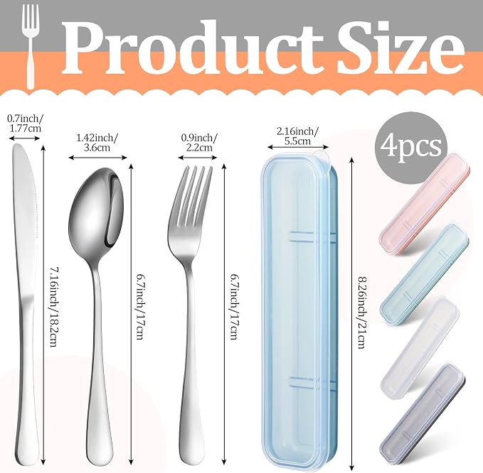 4 Pack Travel Silverware Set with Case for Lunch,Clear | Reusable Utensils with Case, Portable Flatware, Camping Cutlery, Fork Spoon Knife, for Work School, Dishwasher Safe