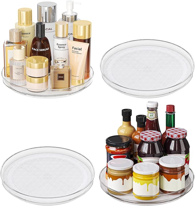 4 Pack Lazy Susan Turntable Organizer with Non-Slip Mat, 9 Inch, Clear | 360 Rotating, Easy Clean, Spice Rack for Kitchen Counter, Pantry Cabinet, Fridge, Spinning Tray for Bathroom, Makeup Vanity