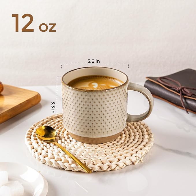 GBhome 12 OZ Stackable Coffee Mugs Set of 4, Ceramic Coffee Cups Set | 4 Assorted Designs, Embossed Mugs with Texture Patterns for Tea/Coffee, Dishwasher&Microwave Safe, Pale Khaki