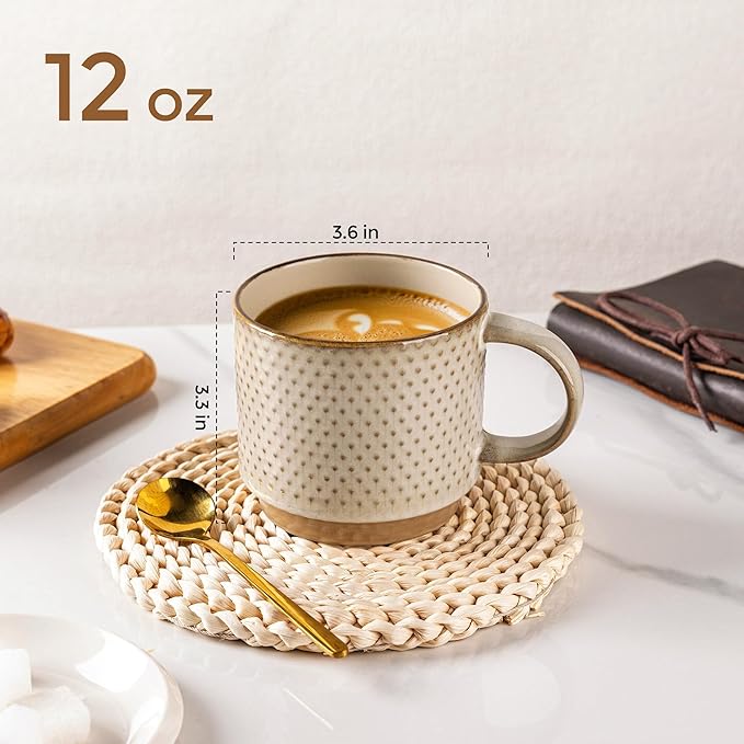 GBhome 12 OZ Stackable Coffee Mugs Set of 6, Ceramic Blue Coffee Cups Set | 3 Assorted Designs, Embossed Mugs with Texture Patterns for Tea/Coffee, Dishwasher&Microwave Safe, Pale Khaki