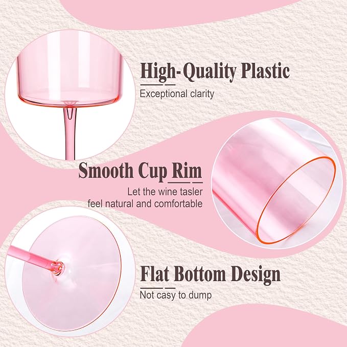 Ciaell 12 Pack Pink Plastic Wine Glasses for Weddings Outdoor Gatherings | 14 oz Pink Stemmed Cups, Heavy Duty Plastic, Wine Champagne Cocktails Beverages for Parties Birthdays Anniversaries