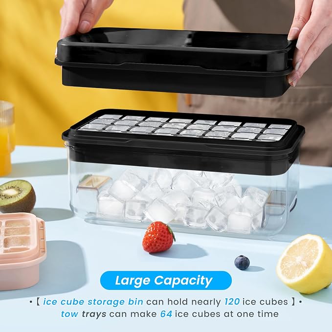 1" Ice Cube Tray with Lid and Bin, Easy Release 64 Cubes for Freezer | Food-grade BPA-free PP and ABS. 1" x 64pcs ice cubes for fruit whiskey, cocktails. Space-saving, stackable with scoop
