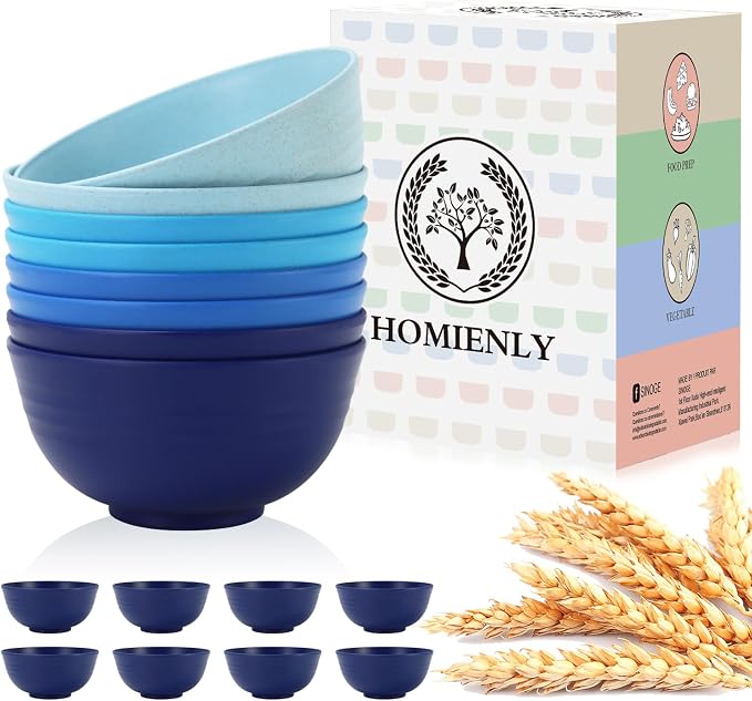 Wheat Straw Bowls, 8 PCS Microwave Safe Bowl Unbreakable for Salad, Soup, Cereal, Oatmeal, Reusable Plastic Bowls for Kithen, Family, Camping, Party, Dishwasher Safe, 26 OZ (Gradient Blue)