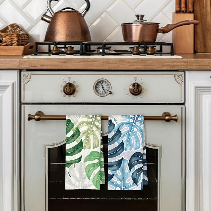 Boho Tropical Kitchen Towels Set of 2, Palm Leaf Botanical Dish Tea Towels for Kitchen Decor, Blue and Green Monstera Leaf Decorative Hand Towels for Bathroom Decor, 16x24 Inches