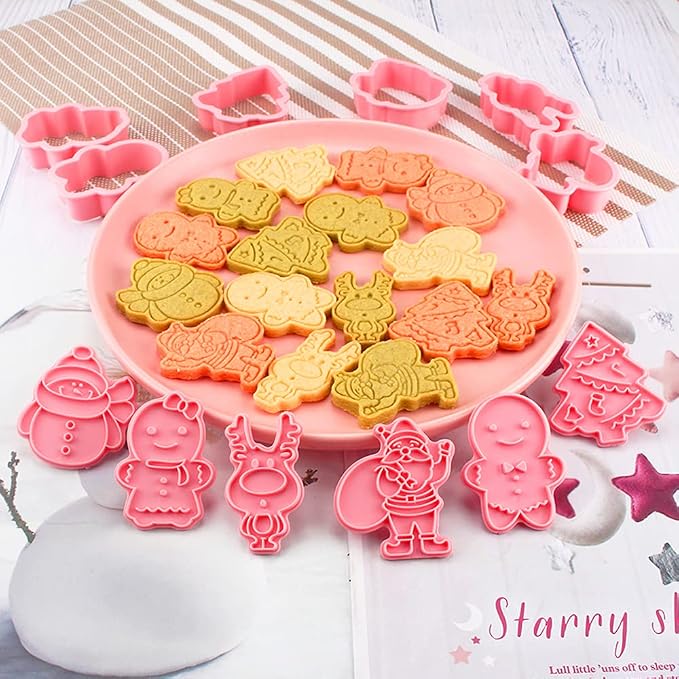 8Pcs Christmas Cookie Cutters with Plunger Stamp Set,Christmas Biscuit Mold | Different Shapes, Rich Textures, Gingerbread Boy/Girl Snowman Santa Claus Snowflake Christmas Tree Reindeer Cookie Cutters