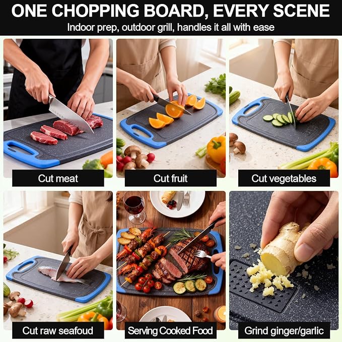 Viretang Non Slip Cutting Board Set For Kitchen, 3 Pieces, Dishwasher Safe | Blue Plastic Chopping Boards with Juice Grooves, Easy Grip Handle,Grinding Area for Grinding Garlic and Ginger,Non BPA