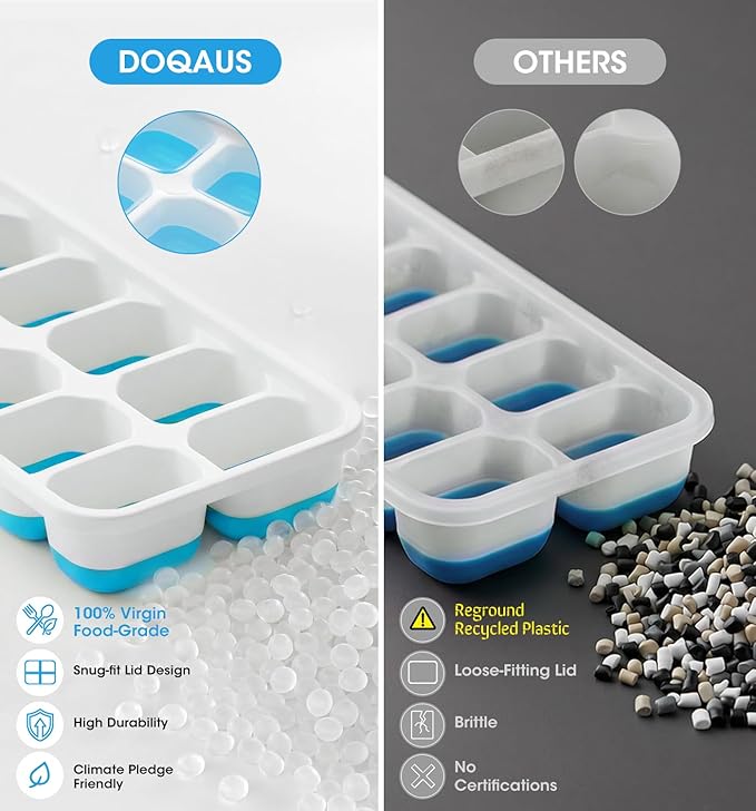DOQAUS Ice Cube Tray with Lid and Bin,4 Pack Ice Cube Trays for Freezer | Silicone, Stackable. Easy Release Trays with Storage Bin & Scoop. Ideal for Freezer, Kitchen, RV, Cocktail, Coffee.