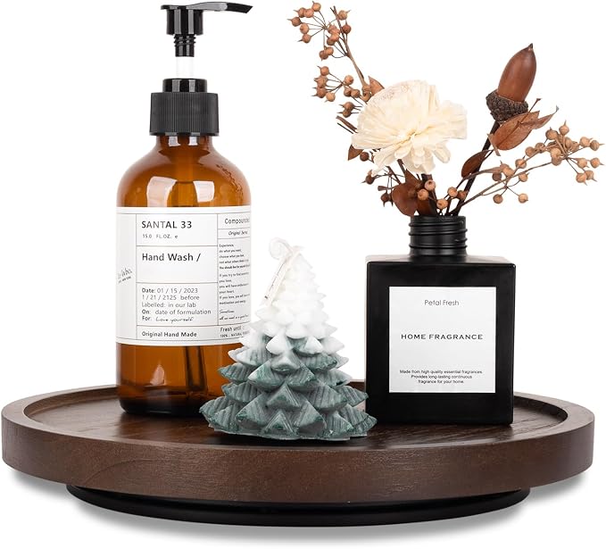 Wood Lazy Susan Organizer Kitchen Turntable for Cabinet Farmhouse Bathroom Decor Round Decorative Tray for Vanity, Counter, Sink, Coffee Table, 10 Inch, Walnut | waterpoof, East clean, Non-slip, Pantry Table Decorative Tray for condiment, spice