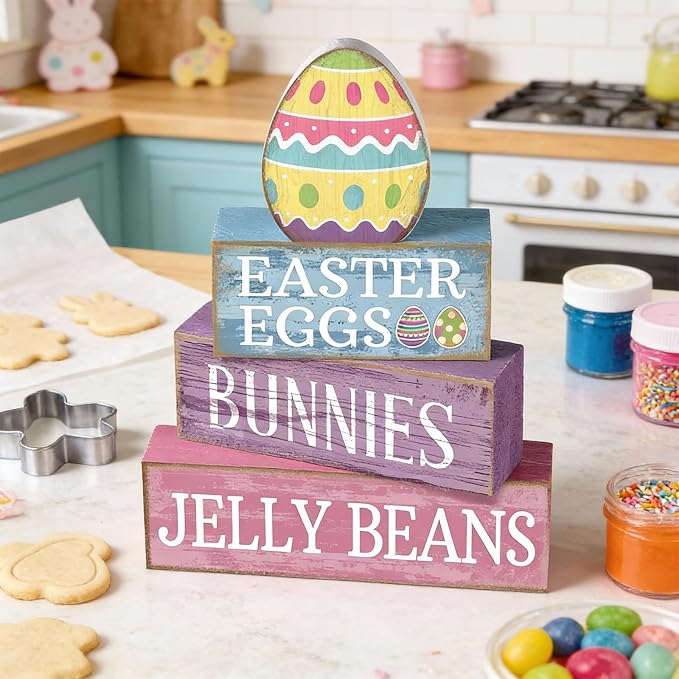 Lineshading 4 Pcs Easter Block Signs, Farmhouse Tiered Tray Decor Wooden | Rustic Blocks with Easter Eggs Bunnies Jelly Beans Text, Colorful Egg Topper, Spring Tabletop Shelf Mantel Gift