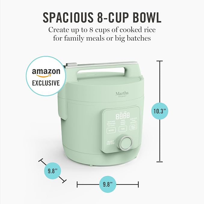 Martha Stewart 8 Cup Cooked (4 Cup Uncooked) Rice Cooker & Steamer, Sage | PFAS-Free Ceramic Nonstick Removable Pot, 9 Modes, Keep Warm, Steamer, White & Brown Rice, Quinoa, Grains, Oats, Easy Clean