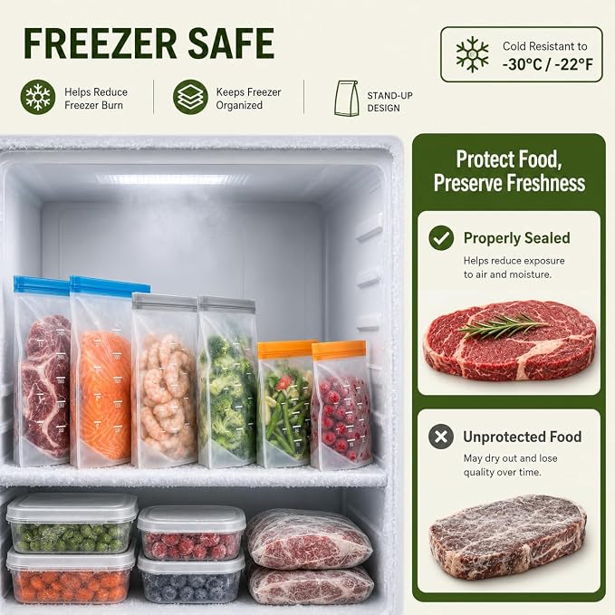Dishwasher Safe Reusable Storage Bags Stand Up - BPA Free Reusable Sandwich Bag - Leakproof Gallon Freezer Bags, Food Storage Bags - Multicolor 6 Large + 6 Sandwich + 6 Snack Bags