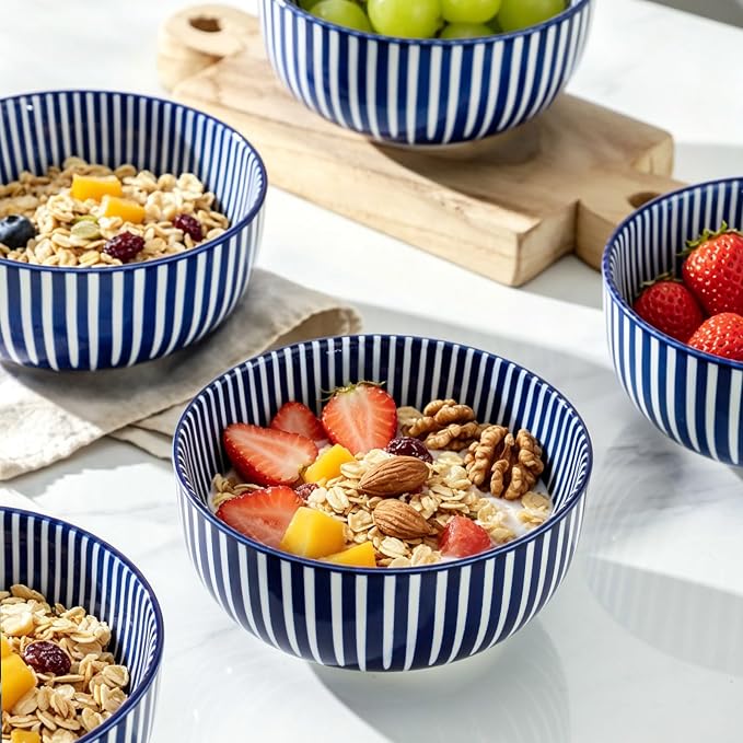 Ceramic Soup Bowls, 28 Ounces Cereal Bowls for Oatmeal, Dessert and Pasta, Japanese Style Large Rice Bowls Set of 6, Prefect for Kitchen,Gift, Dishwasher & Microwave Safe, Vintage Blue