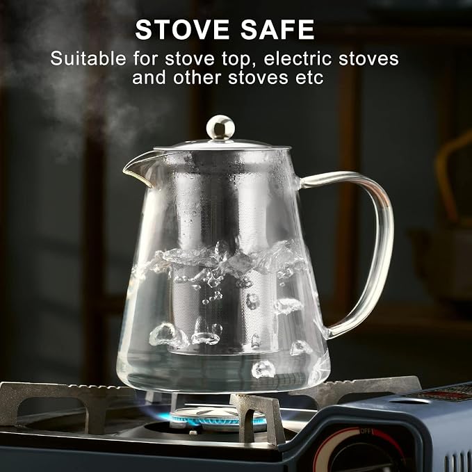 PARACITY Glass Teapot Stovetop 44 OZ, Borosilicate Clear Tea Kettle with Removable 18/8 Stainless Steel Infuser, Teapot Blooming and Loose Leaf Tea Maker Tea Brewer for Camping, Travel (1300ml) | A clear borosilicate tea maker/tea brewer uses an 18/8 s...