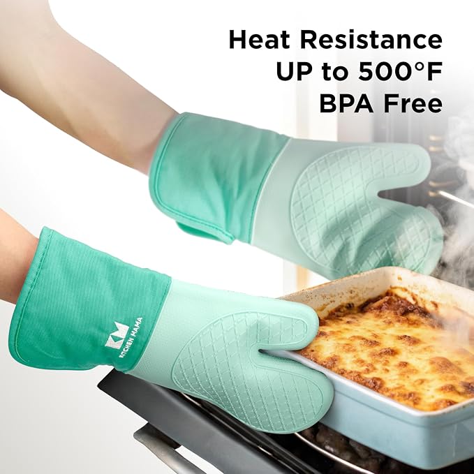 Kitchen Mama UltraShield Silicone Oven Mitts, Teal | Heat Resistant, Non-Slip Surface, Waterproof, Flexible, Durable