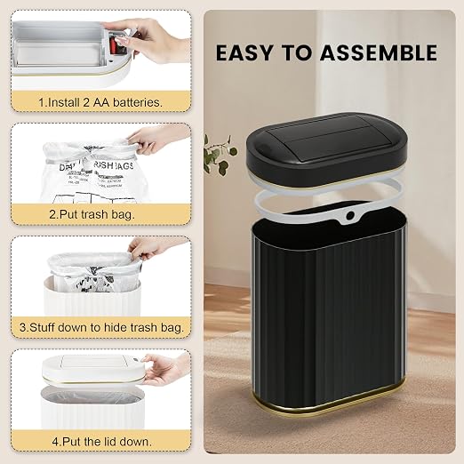 ELPHECO Motion Sensor Bathroom Trash Can with Lid 2 Gal Automatic Trash Can | Butterfly Lid, Room Decor Bathroom Accessories, Motion Sensor Wastebasket Garbage Can, Kitchen Living Room Office, Black Gold